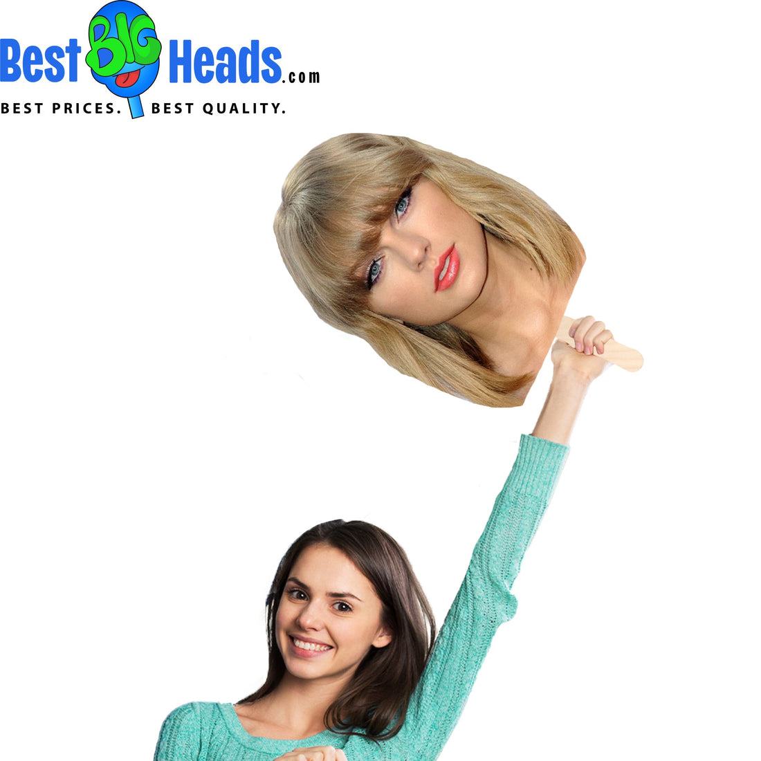 A passionate Taylor Swift fan proudly waving a face cutout of the pop icon, showcasing her love and admiration.