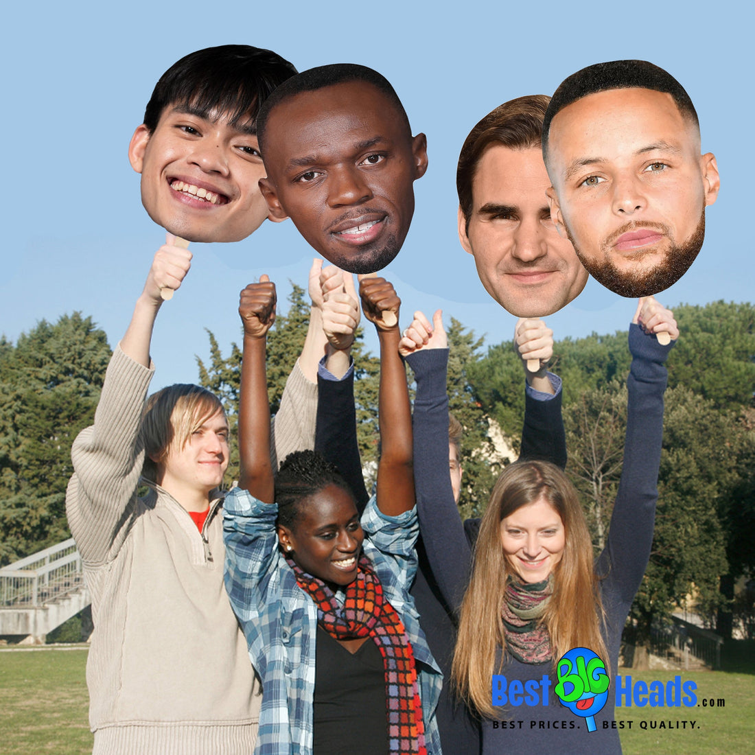 Group of cousins laughing and enjoying a reunion, posing for a playful photo shoot while holding a Best BIG Head face cutout of their other cousin.