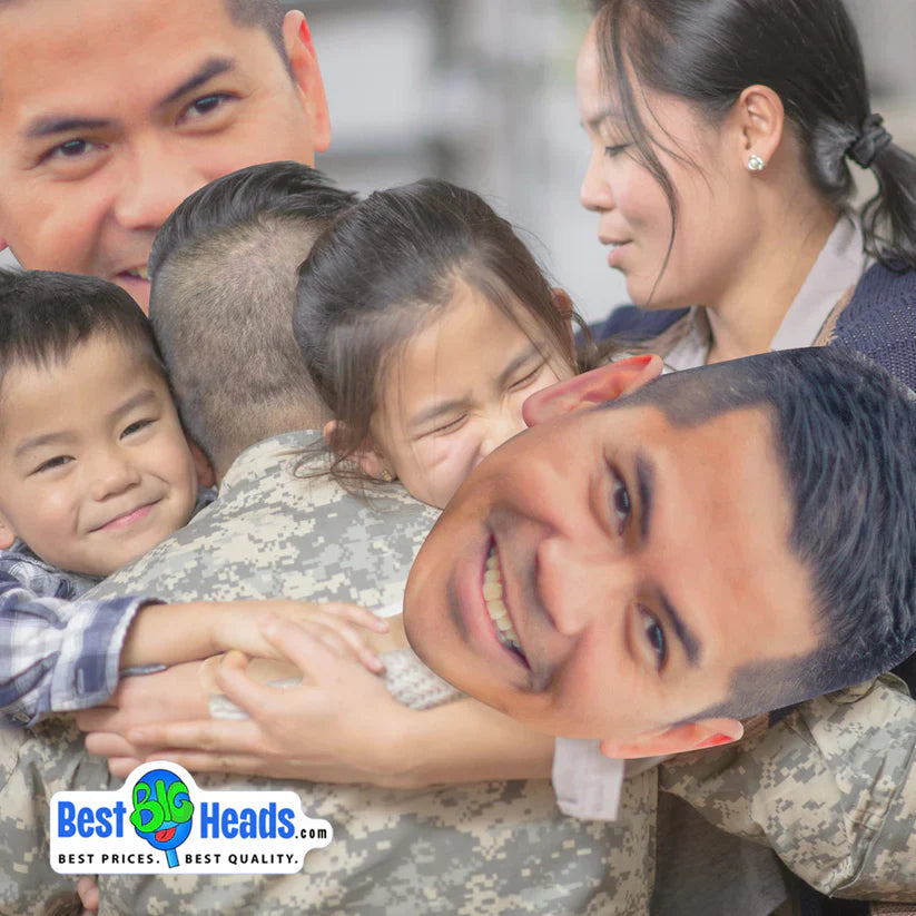  Family joyfully welcoming home a military dad from service, holding a Best BIG Head cutout of his face, adding a heartwarming and personal touch to the reunion.