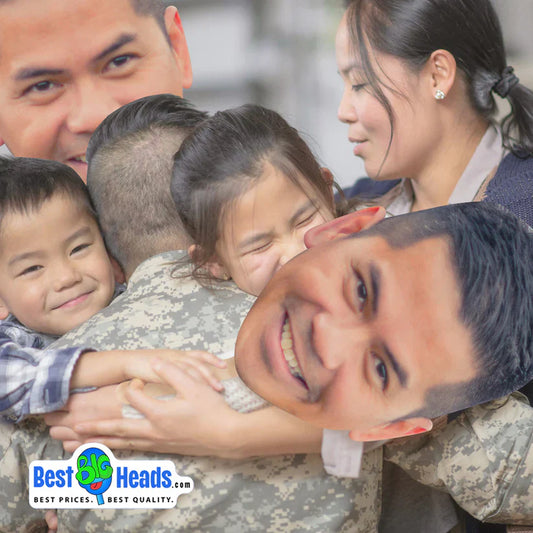  Family joyfully welcoming home a military dad from service, holding a Best BIG Head cutout of his face, adding a heartwarming and personal touch to the reunion.