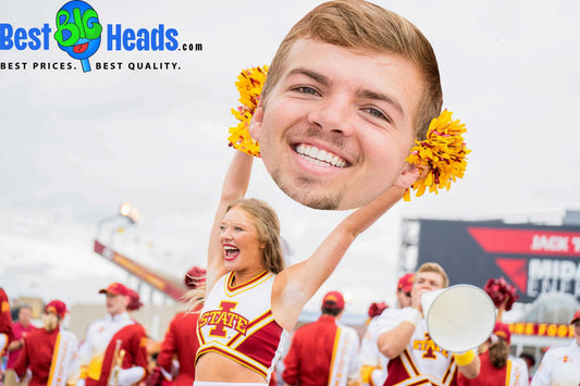 Students and fans at a school event hold up Big Head Cutouts, radiating school spirit, team pride, and excitement—transforming the pep rally into a lively and unforgettable celebration.