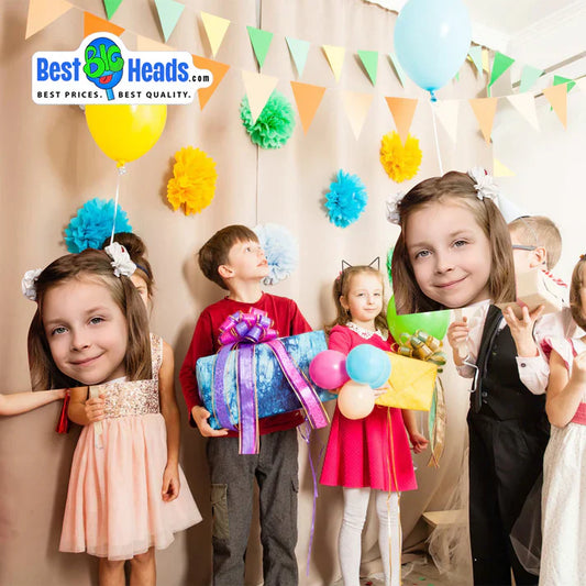 Friends celebrating a birthday by holding up a giant face cutout of the birthday girl, creating a fun and memorable party moment with Best BIG Heads™