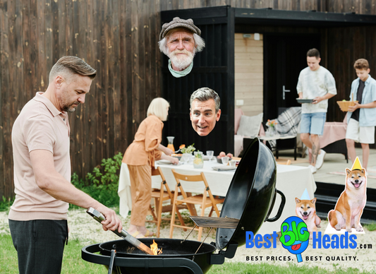 A cheerful family gathered in the backyard for a festive BBQ, with a grill sizzling, picnic tables decorated with food, and kids playing nearby, creating a warm and lively atmosphere.