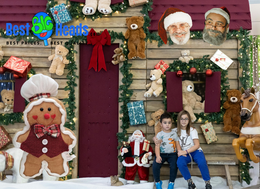 A joyful photo of a young boy and girl sitting amidst a festive Christmas setup, surrounded by colorful gingerbread decorations, a cheerful Santa figure, and an array of beautifully wrapped gifts
