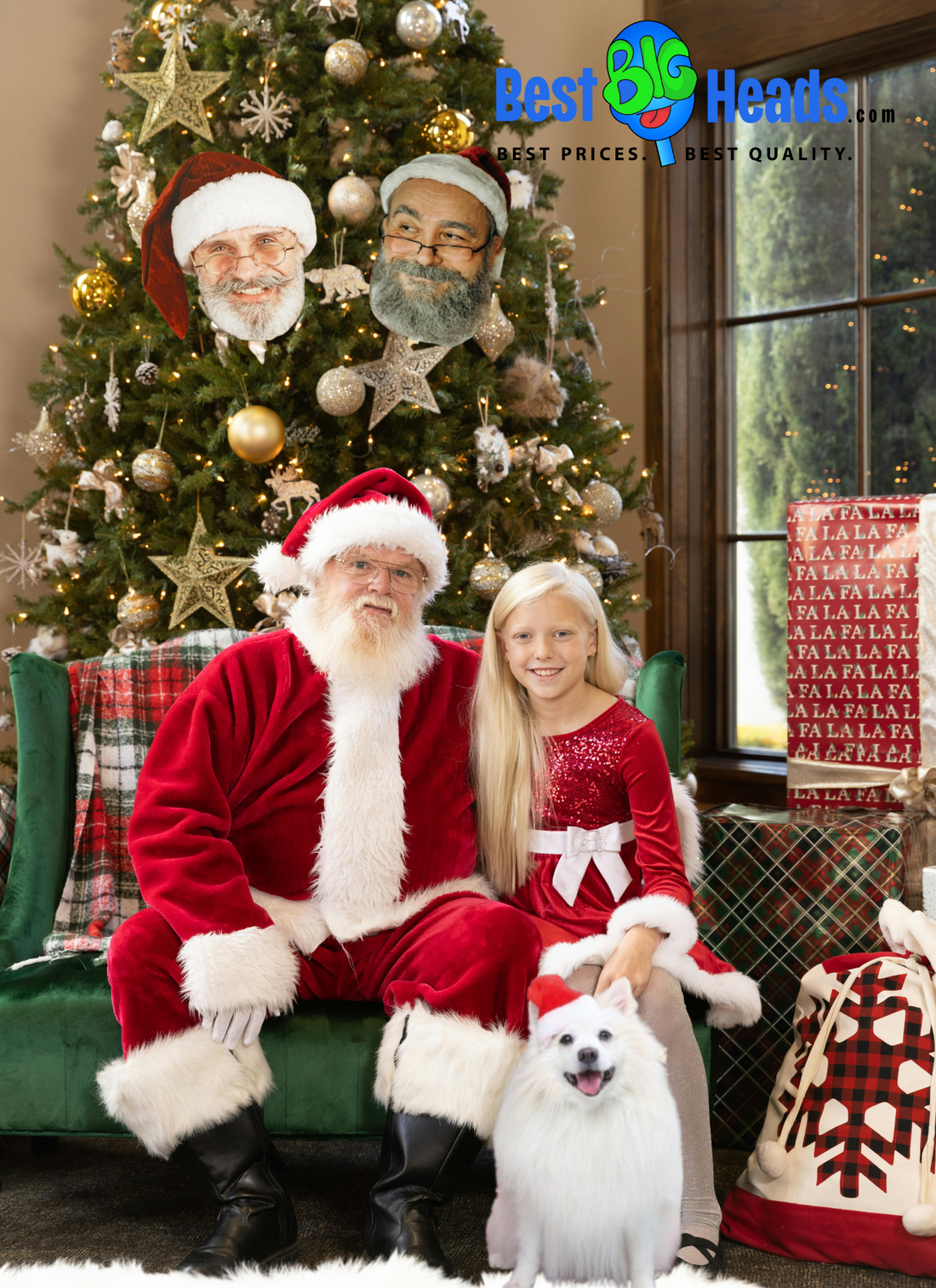 A heartwarming photo of Santa Claus presenting a surprise gift to a delighted little girl. Beside her stands a life-size cutout of her beloved fur baby, adding a personal and memorable touch to the scene. 