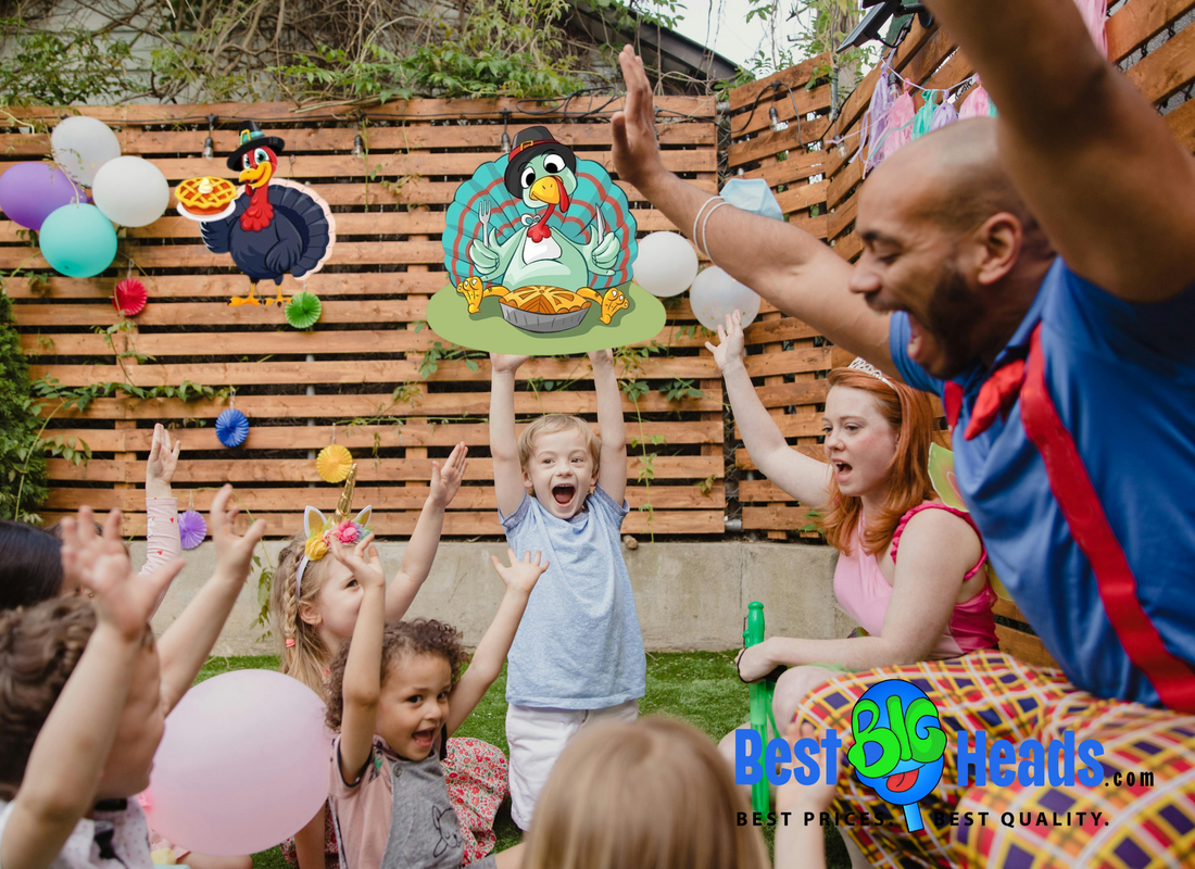 A group of kids sharing happy moments and enjoying playful activities together during a Thanksgiving party, creating joyful and lasting memories.