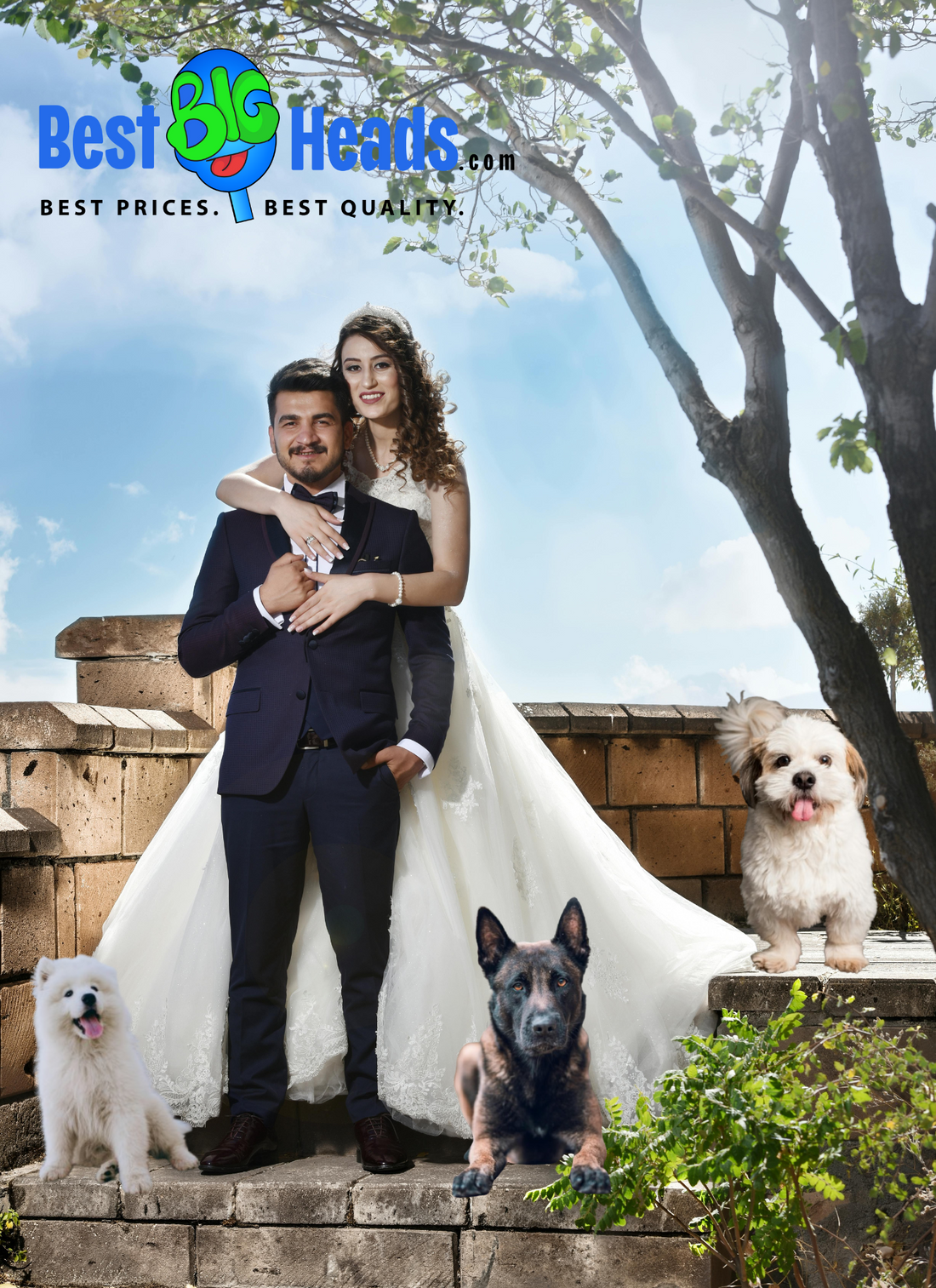 The newlywed couple smiles warmly while posing with a life-sized stand-up of their beloved fur babies before the wedding ceremony capturing the love and joy of including their pets in their special day.