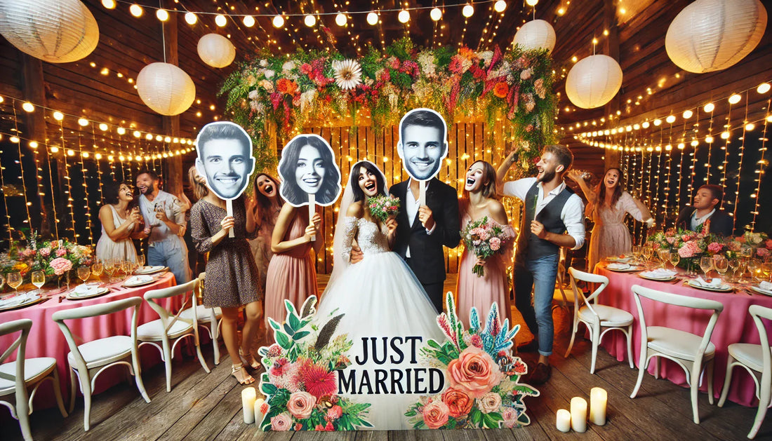 a vibrant wedding reception featuring oversized face cutouts of the bride and groom, held by laughing guests in a beautifully decorated setting. 🎉💍