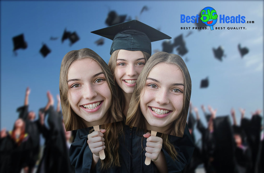 Graduate holding a cutout of their own face from Best Big Heads.