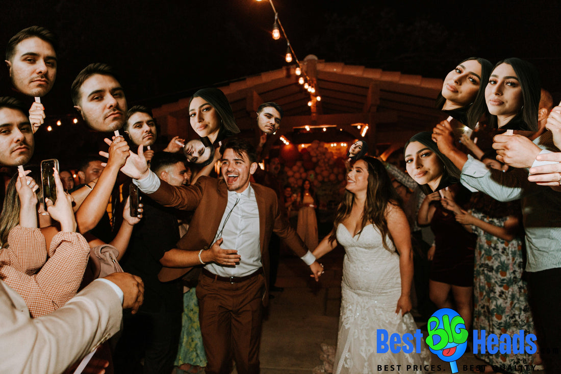 Newly married couple celebrating their wedding with custom Best BIG Heads cutouts, adding a fun and personal touch to their post-wedding festivities.