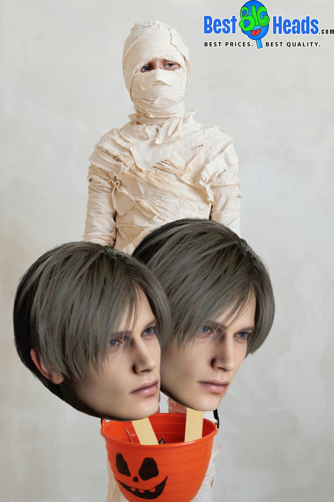 Person dressed in a mummified costume with a Leon Kennedy face cutout, combining spooky Halloween vibes with a fun Resident Evil twist for a creative and unique look.