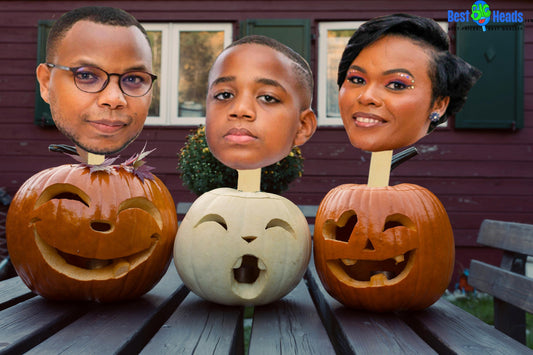 Family of three showcasing their Halloween entry with custom pumpkin head cutouts, creating a fun and creative seasonal display.