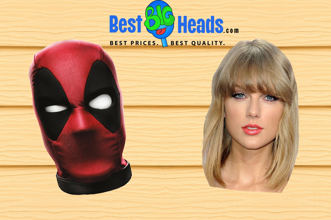 A vibrant Deadpool mask next to a Taylor Swift mask, representing a fusion of comic book and music celebrity themes.