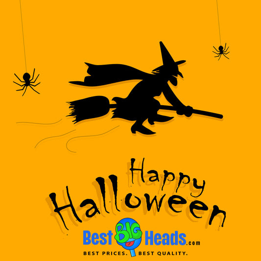 A witch flying on a broomstick with a "Happy Halloween" message, accompanied by the Best BIG Heads™ logo and hanging spiders.